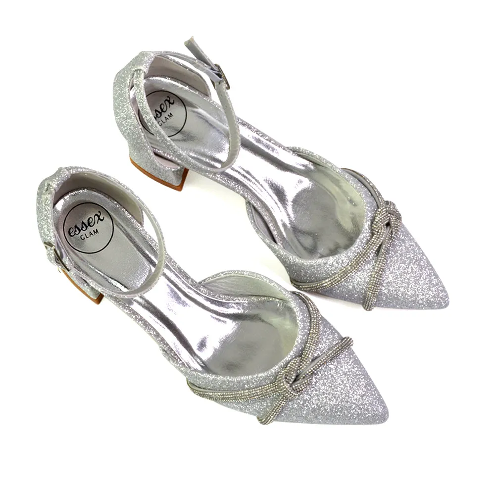 Gracie Diamante Strappy Mid Block Heel Sandals With a Pointed Toe in Silver