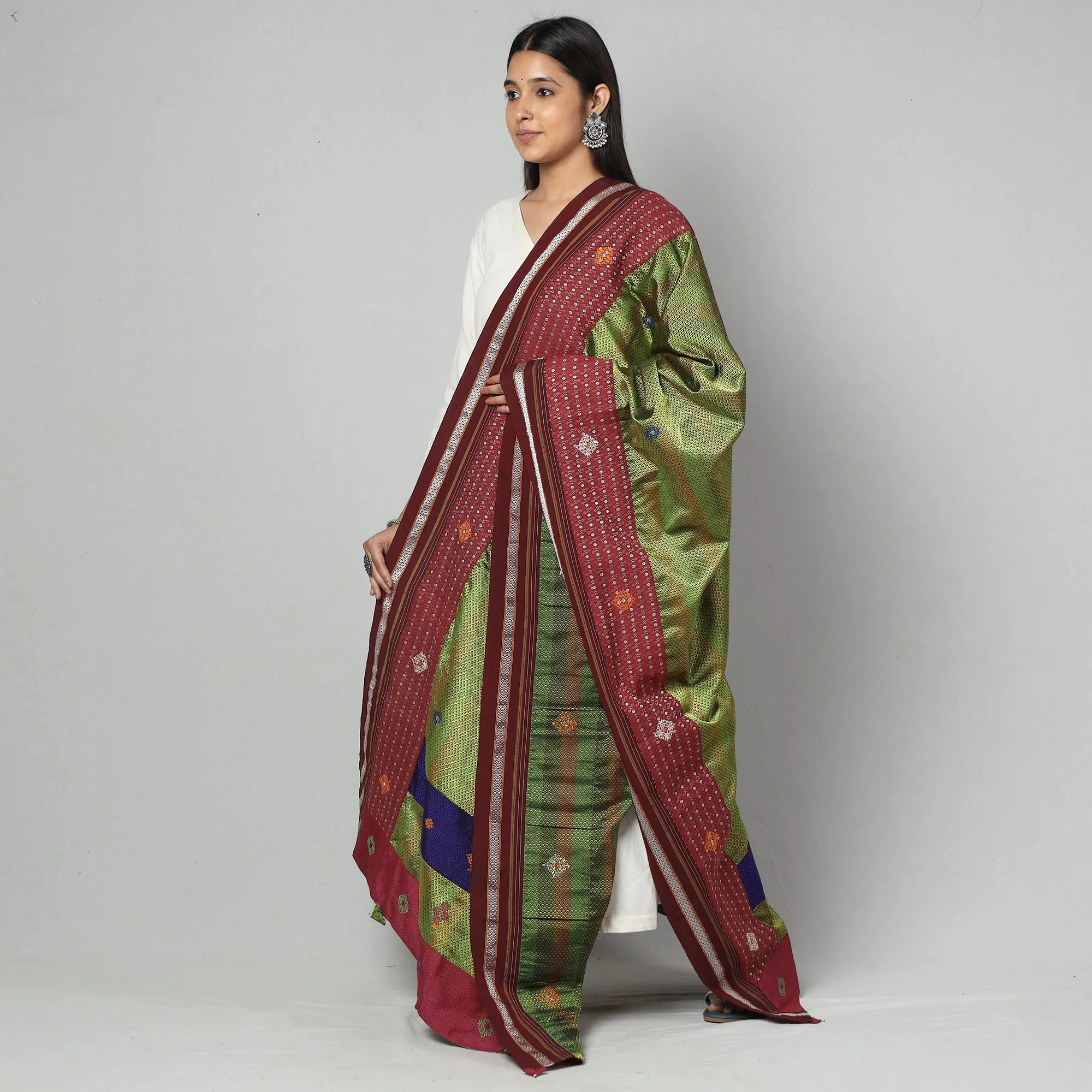 Green - Negi Kasuti Hand Embroidered Handloom Khun Dupatta