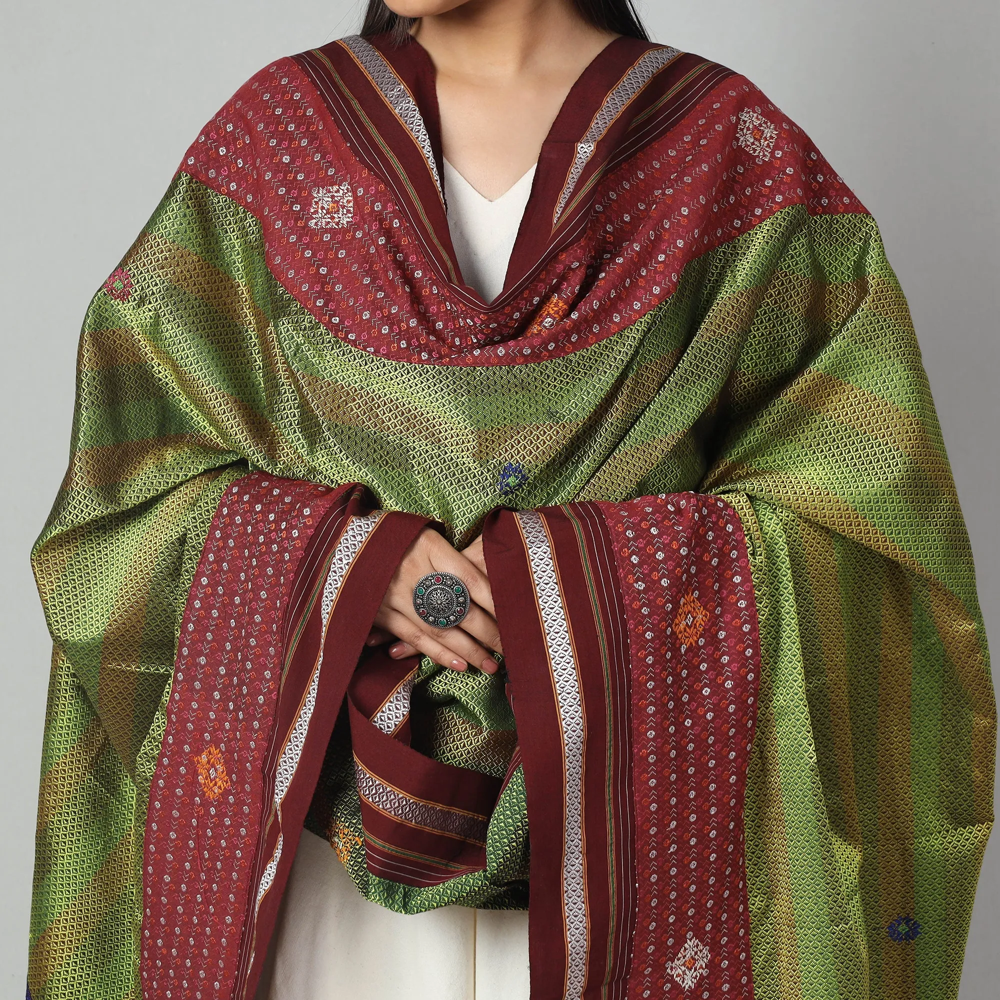 Green - Negi Kasuti Hand Embroidered Handloom Khun Dupatta