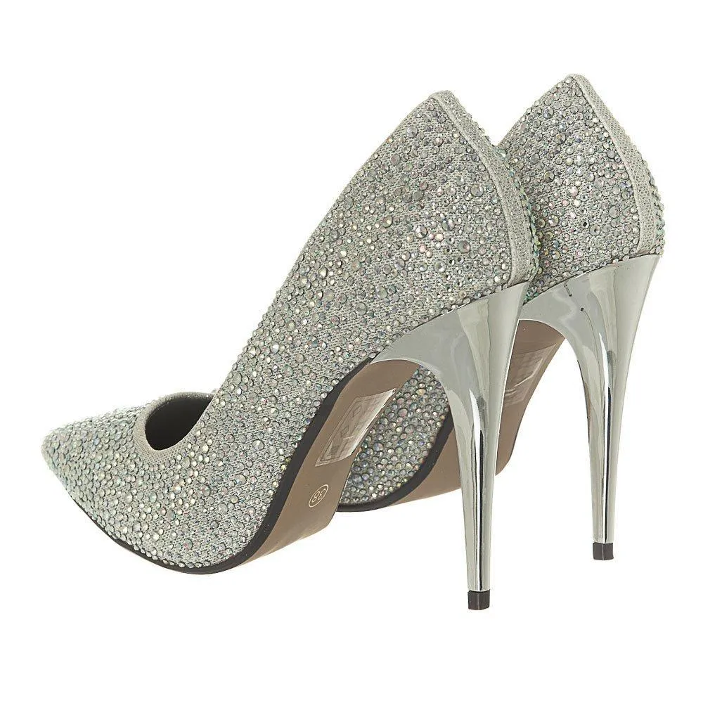 High Metallic Stiletto Heel Court Shoe Embellished With Stones