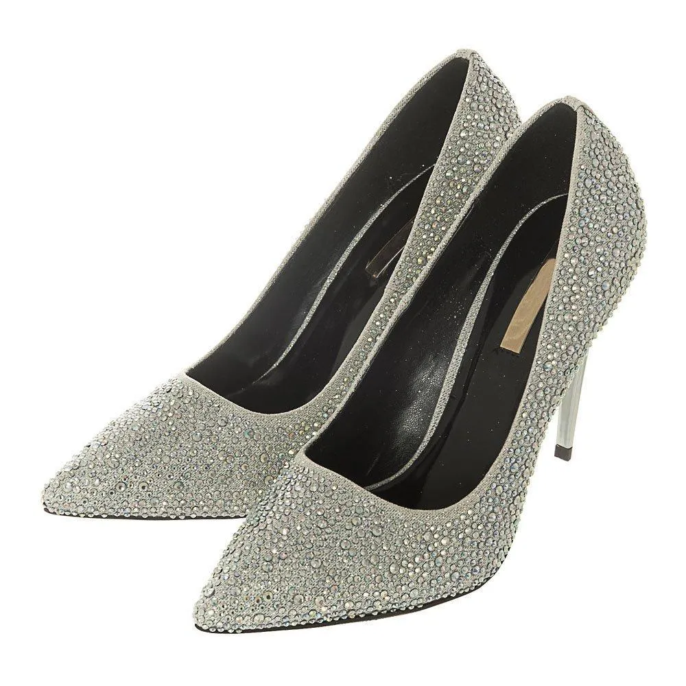 High Metallic Stiletto Heel Court Shoe Embellished With Stones