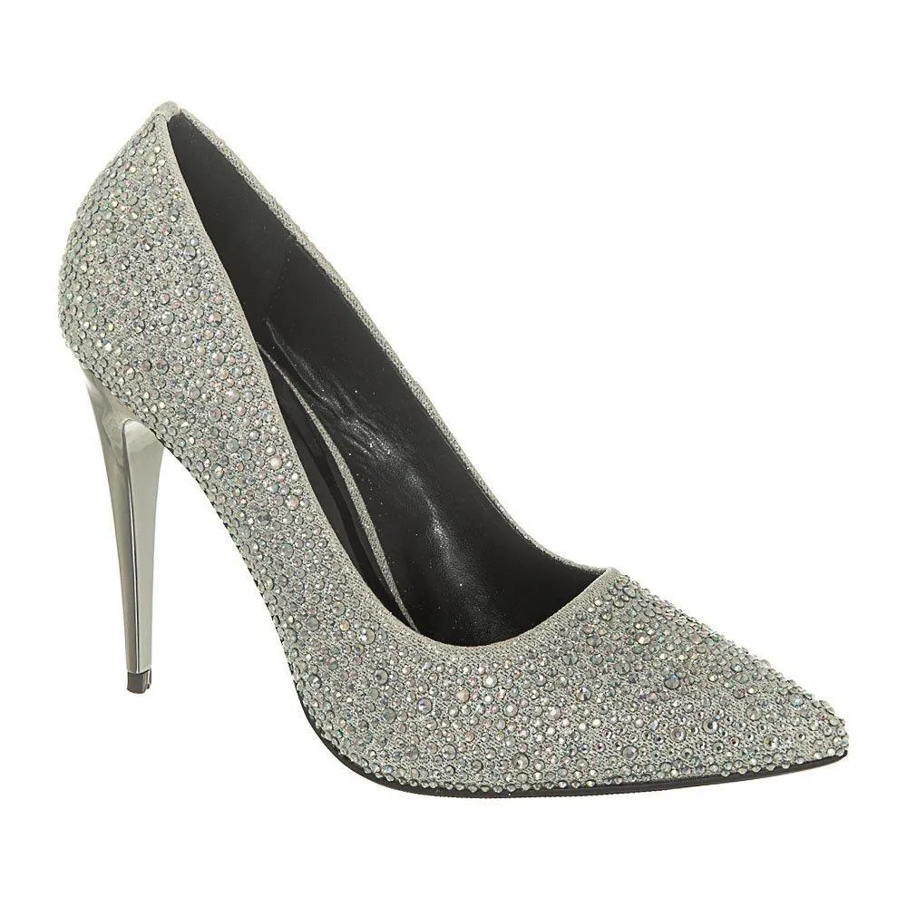 High Metallic Stiletto Heel Court Shoe Embellished With Stones