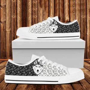 Husky Black And White Unisex Sport Shoes Flower Pattern Dog Lover, Dog Printed Shoes, Canvas Shoes For Men, Women