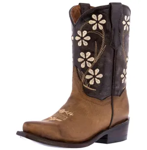 Kids FLR9 Brown Western Cowboy Boots Floral Leather - Snip Toe