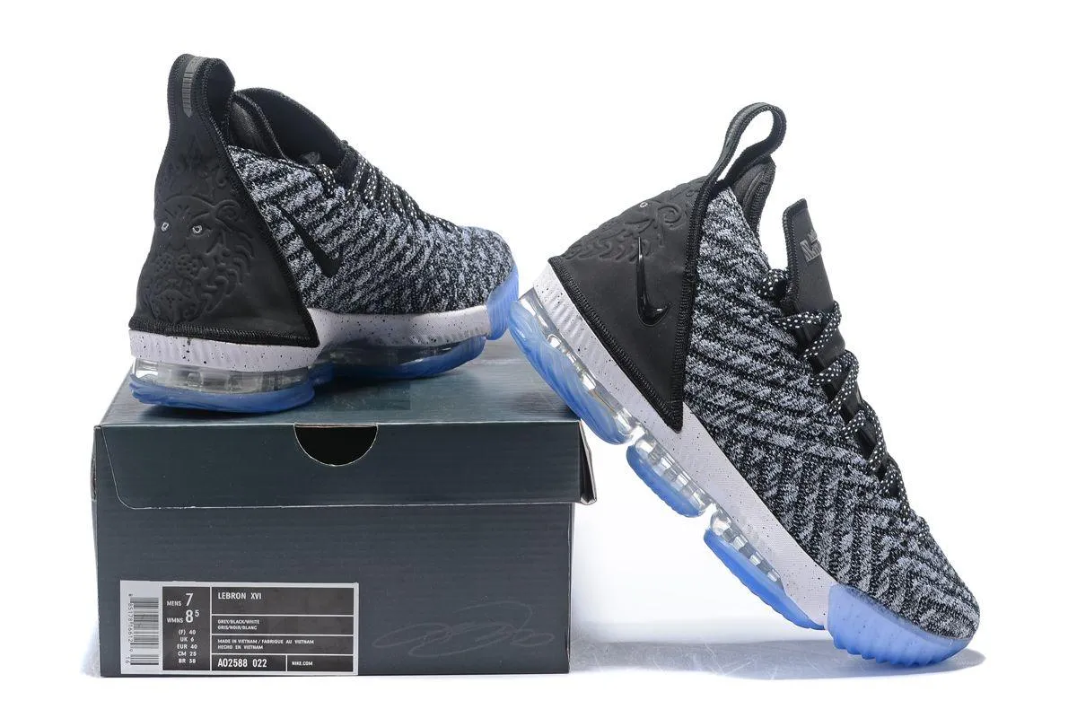 LeBron 16 Black White Grey With Icy Blue Sneakers