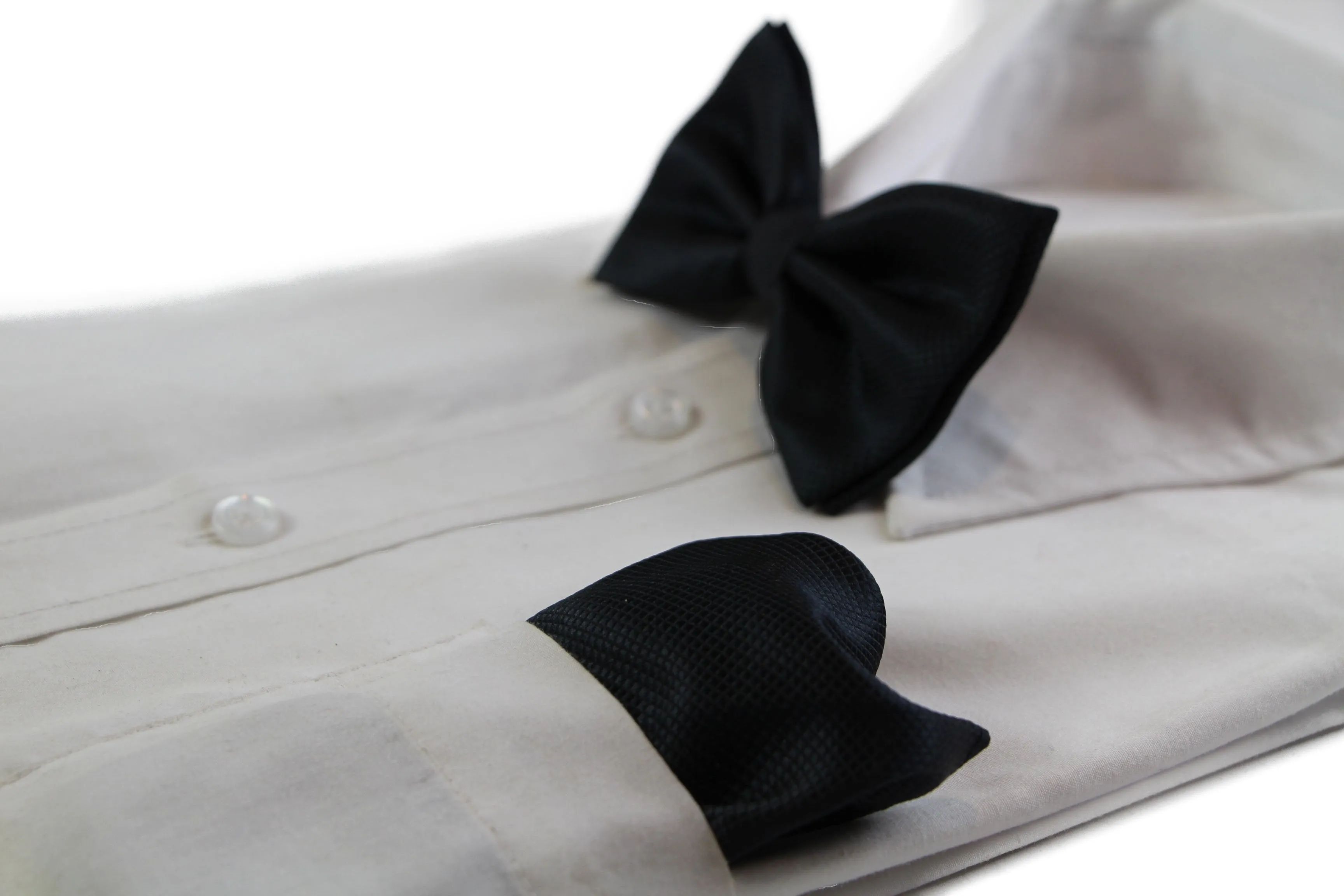 Mens Black Plain Coloured Checkered Bow Tie & Matching Pocket Square Set