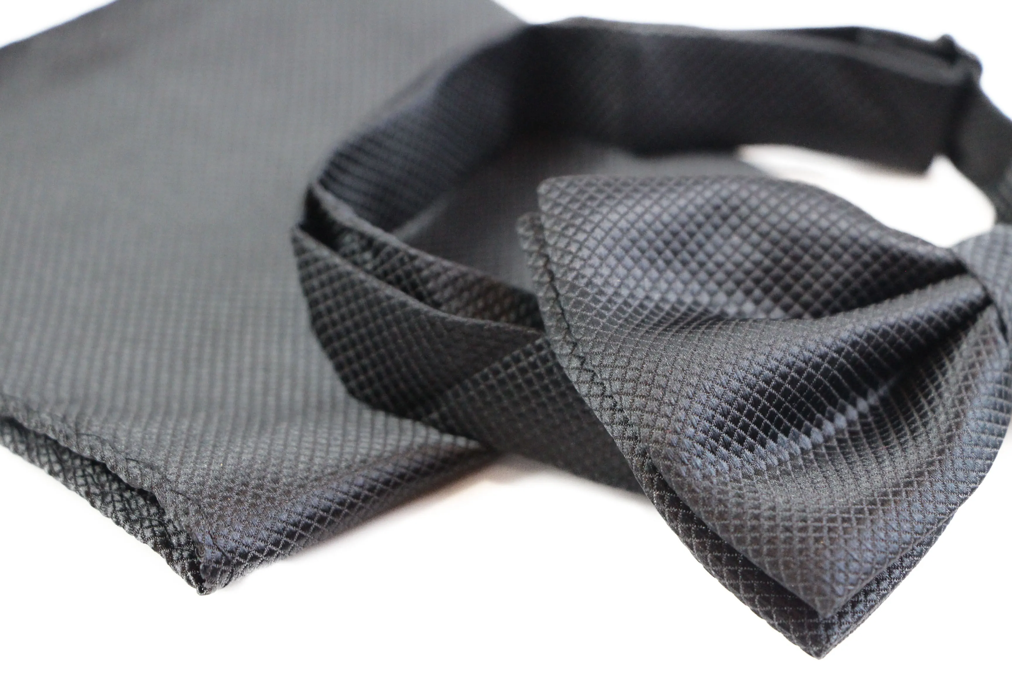 Mens Black Plain Coloured Checkered Bow Tie & Matching Pocket Square Set