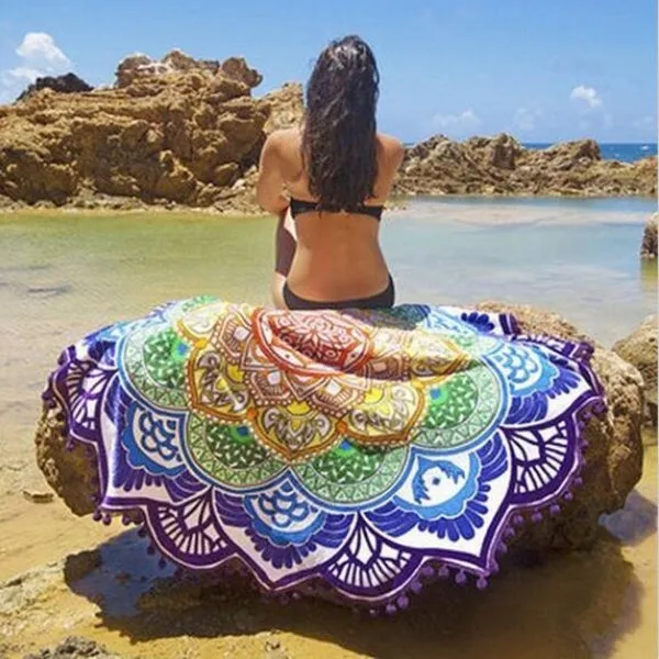 Microfiber Colorful Printed Tassel Lotus Summer Bath Towel Sand Beach Towel Shawl Scarf, Size: 150 x 150cm(Dark Blue Green)