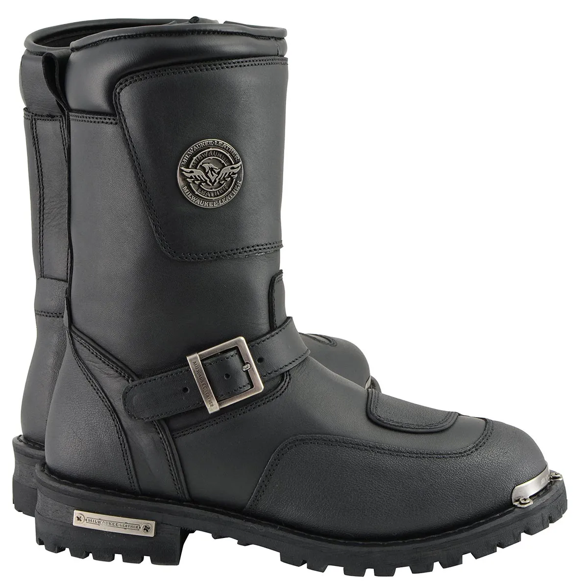 Milwaukee Leather MBM9070 Men's Black Leather Engineer Motorcycle Boots w/ Reflective Piping & Gear Shift Protection