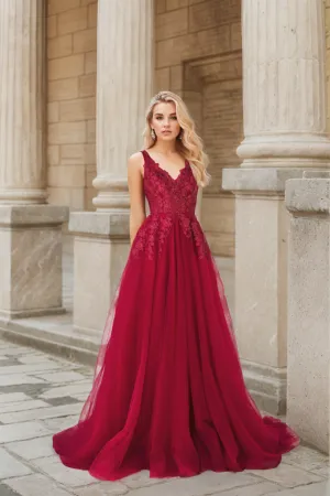 Mysteria - Ruby red deep V-neck lace soft tulle prom dress colored wedding dress