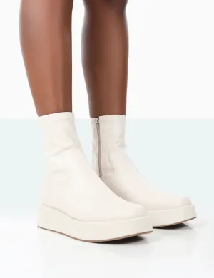 Not Okay Ecru Pu Chunky Sole Platform Sock Ankle Boots