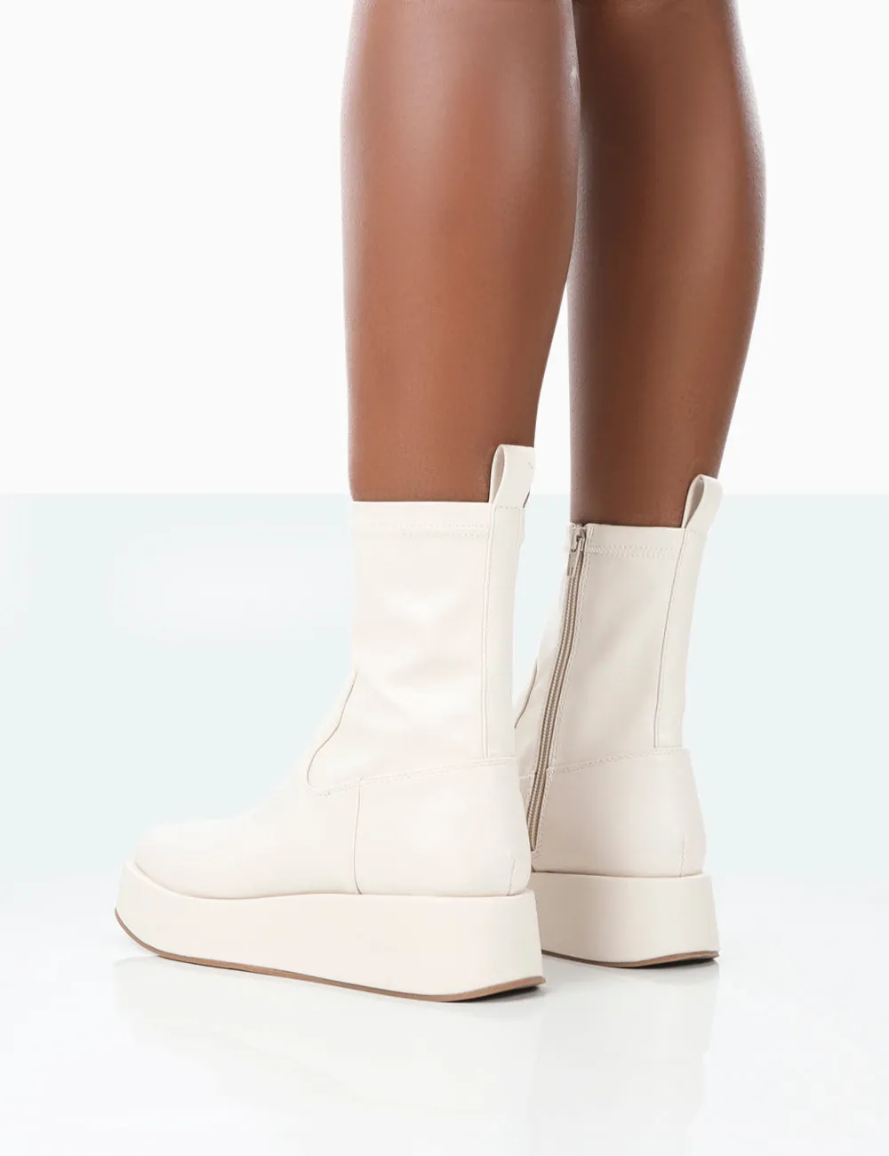 Not Okay Ecru Pu Chunky Sole Platform Sock Ankle Boots