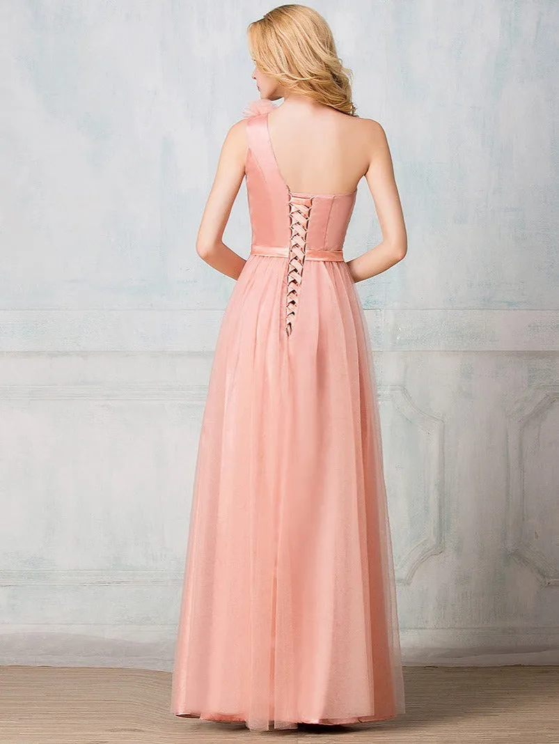 One-shoulder floor-length tulle long prom dress