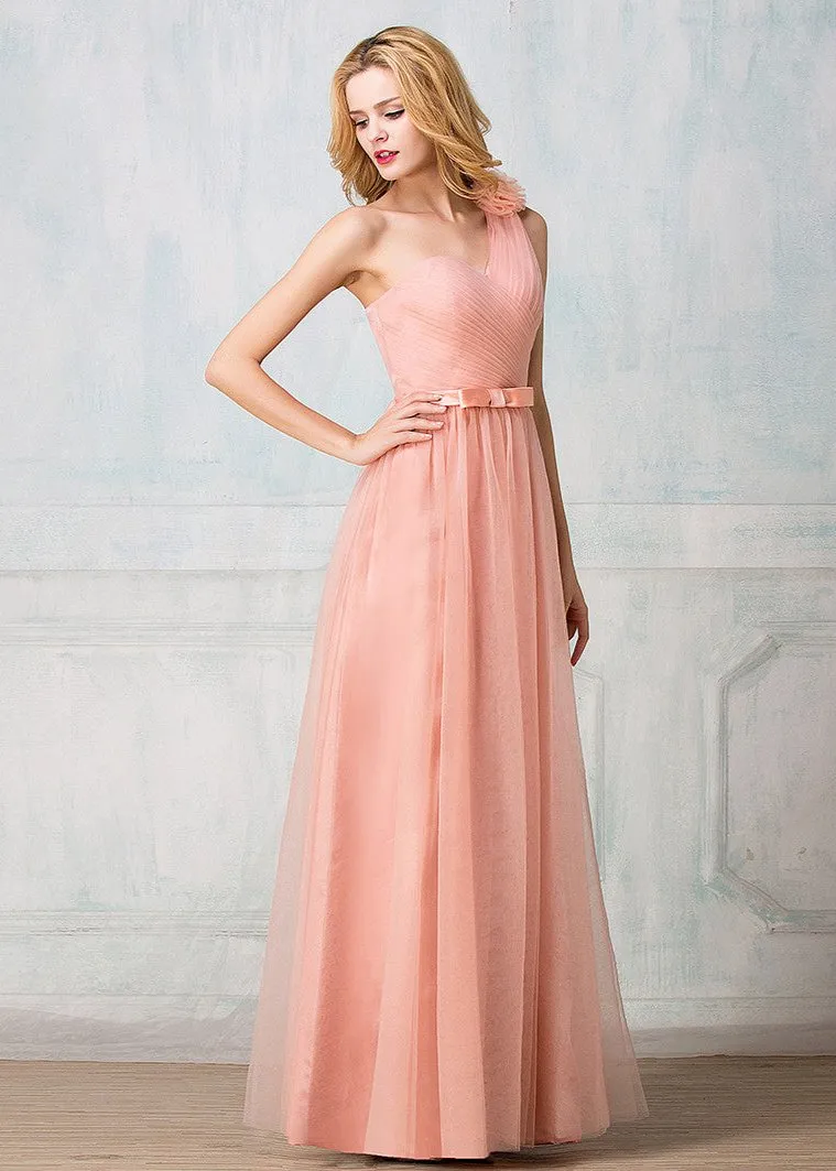 One-shoulder floor-length tulle long prom dress