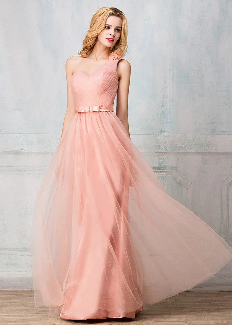 One-shoulder floor-length tulle long prom dress