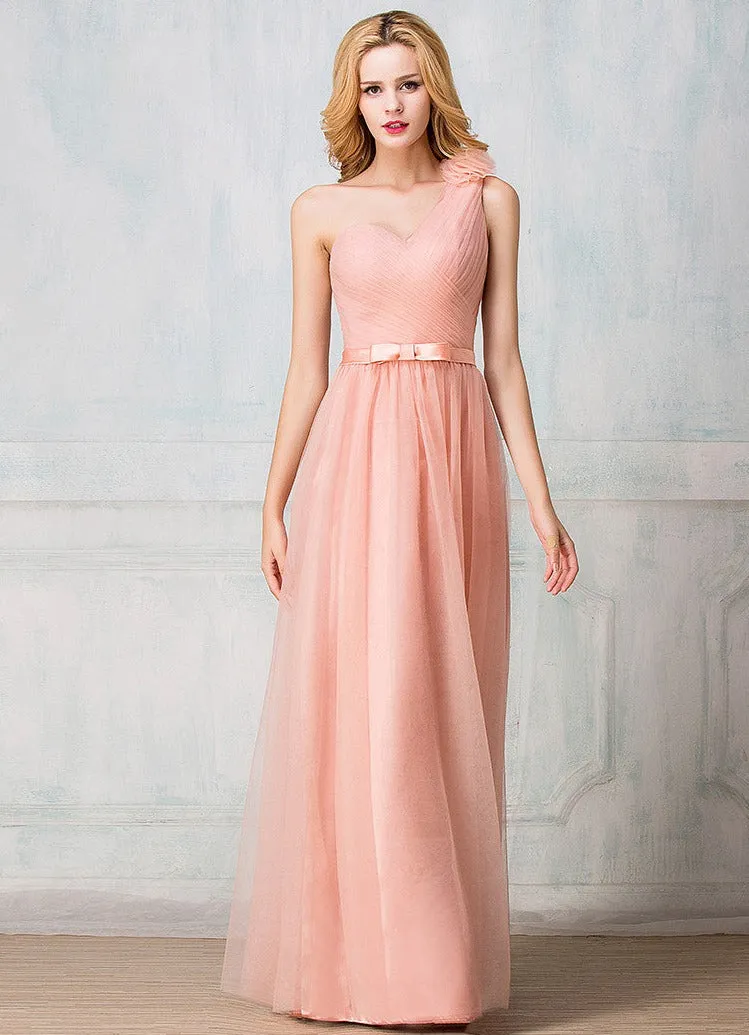 One-shoulder floor-length tulle long prom dress