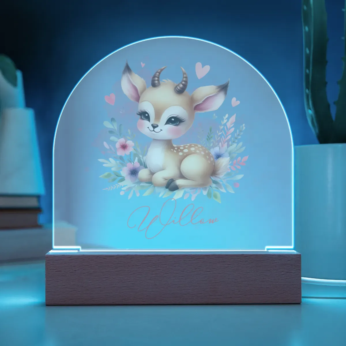 Personalised Deer Acrylic Dome Plaque Wooden Base Night Light