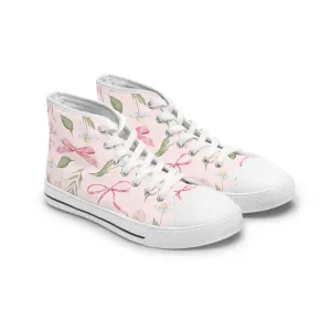 Pink Ribbon Watercolor Leaves Women's High Top Sneakers