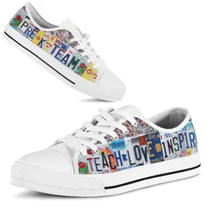 Pre K Team License Plates Low Top Shoes, Teacher Shoes, Low Top Sneakers