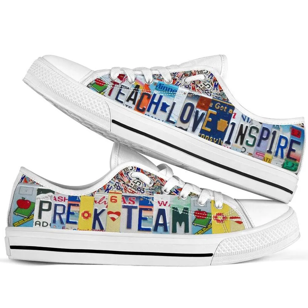 Pre K Team License Plates Low Top Shoes, Teacher Shoes, Low Top Sneakers