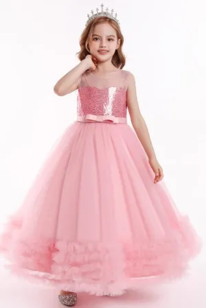 Puffy Sheer Neck Sleeveless Tulle Long Flower Girl Dress with Sequin, Cute Children Dress UQF0010