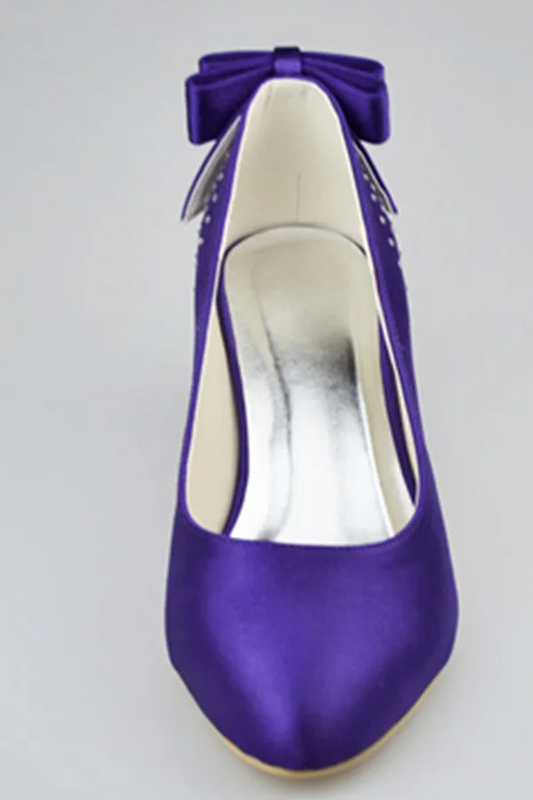 Purple Satin Beaded Low Heel Close Toe Women Shoes With Bow S126