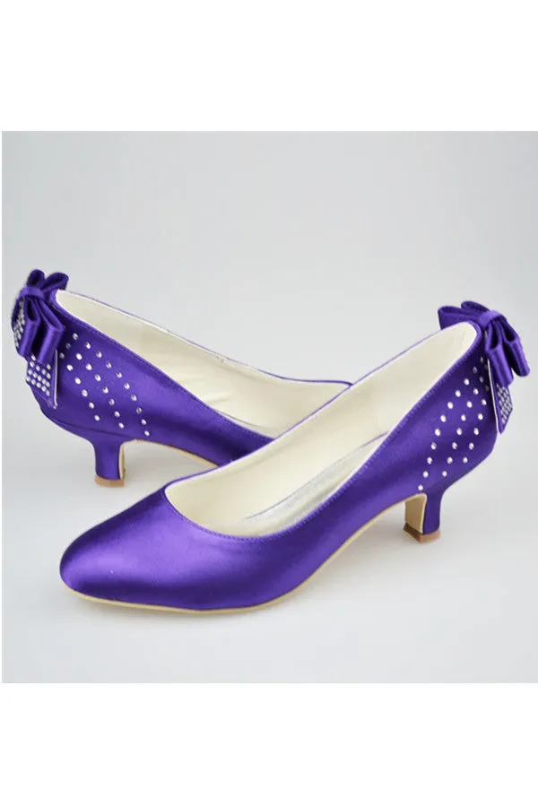 Purple Satin Beaded Low Heel Close Toe Women Shoes With Bow S126