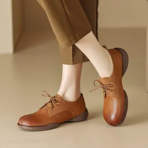 Retro Lace Up Leather Shoes Round Toe Soft Oxford Shoes in Coffee/Brown