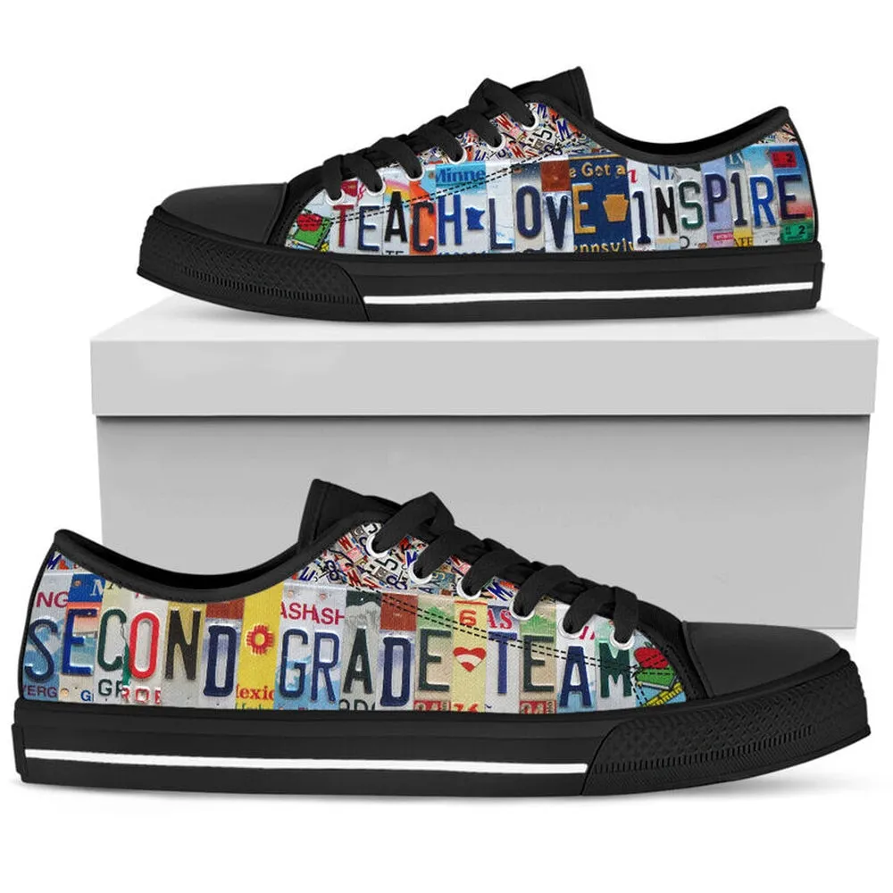 Second Grade Team License Plates Low Top Black Shoes, Teacher Shoes, Low Top Sneakers