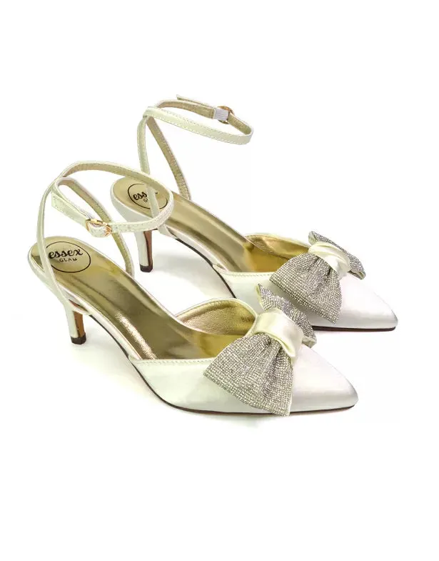 Solene Diamante Bow  Pointed Toe Court Shoes Mid Stiletto Bridal Heels in Ivory