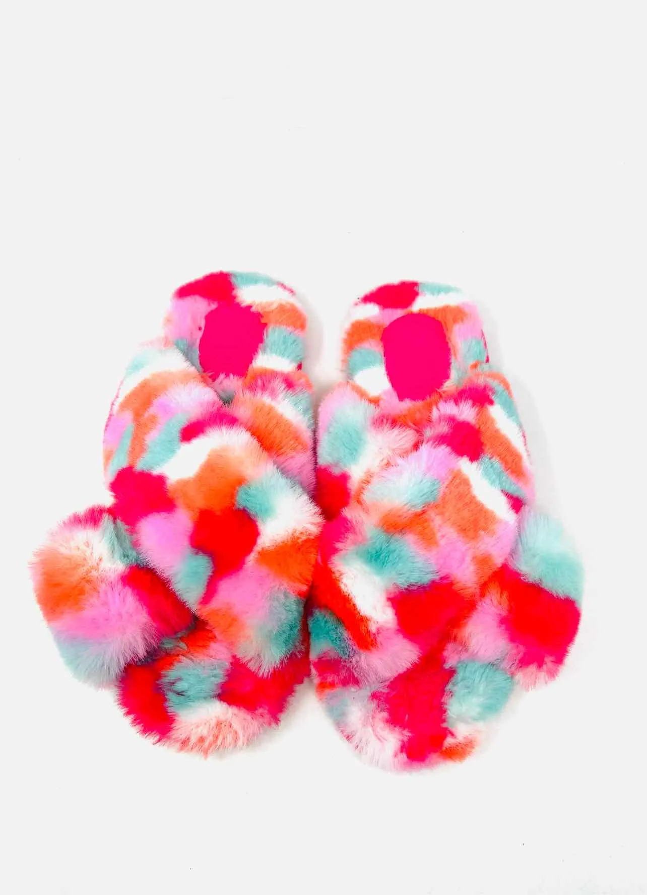 Stars Above Size 9/10 Pink/Multi Crisscross Faux Fur Shoes Houseshoes