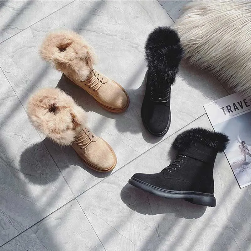 Suede Leather Fluffy Mid-calf Fur Warm Winter Boots for Women