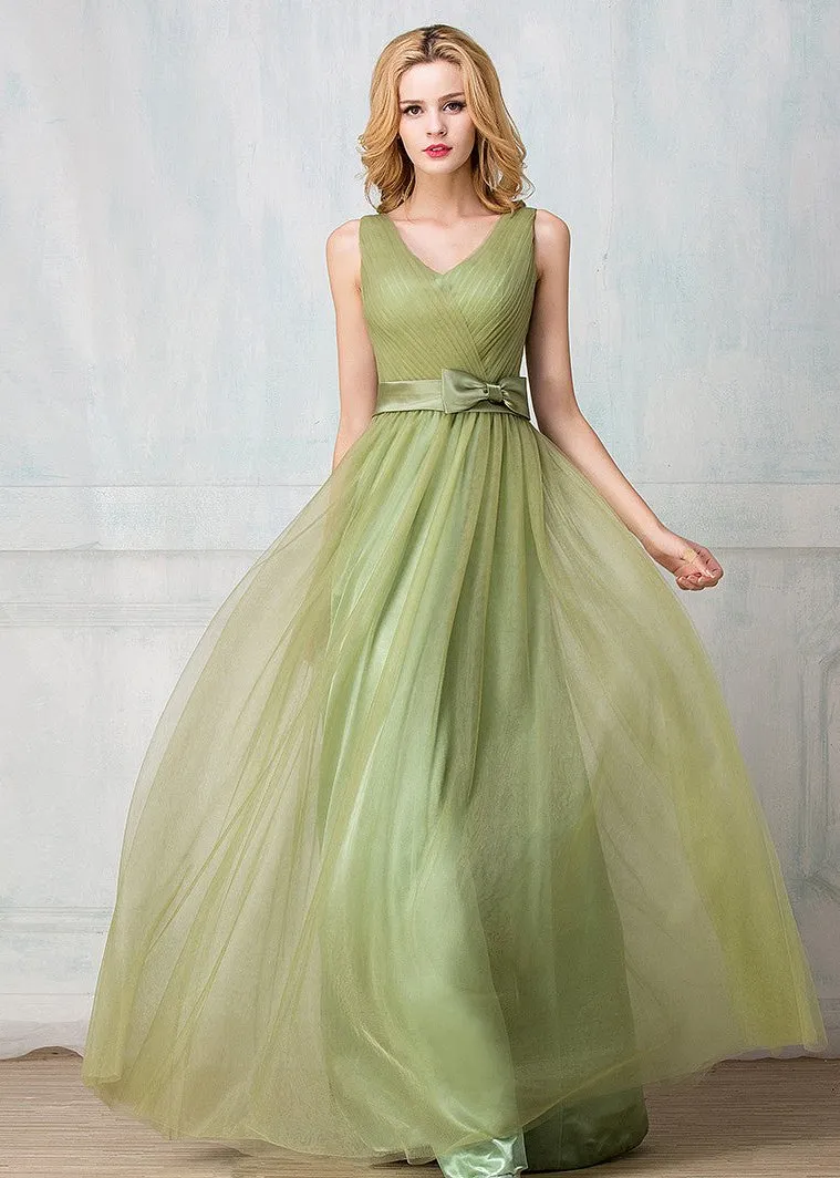 V-shape neckline floor-length tulle long prom dress