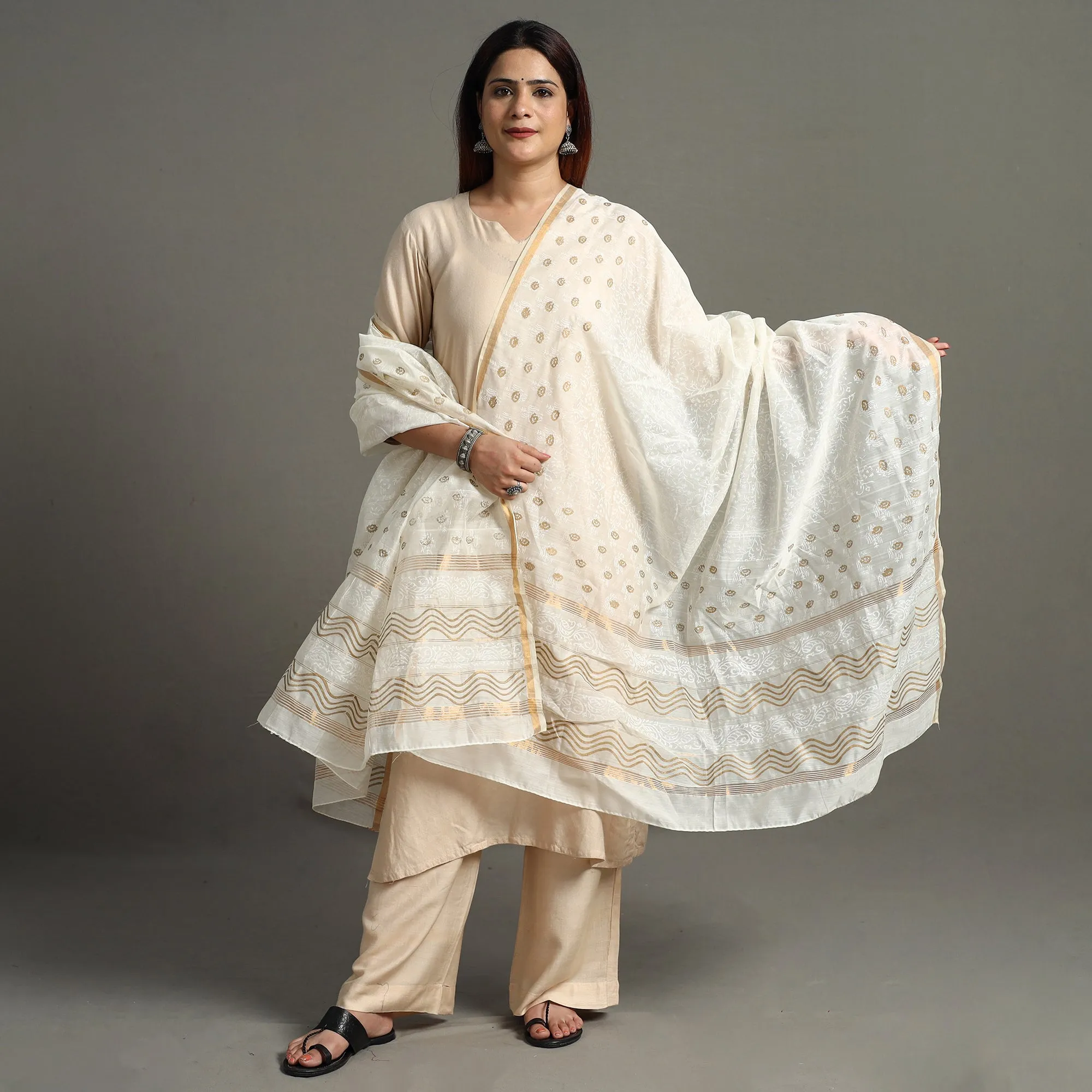 White - Traditional Chanderi Silk Handloom Multi Zari Buti Dupatta 66