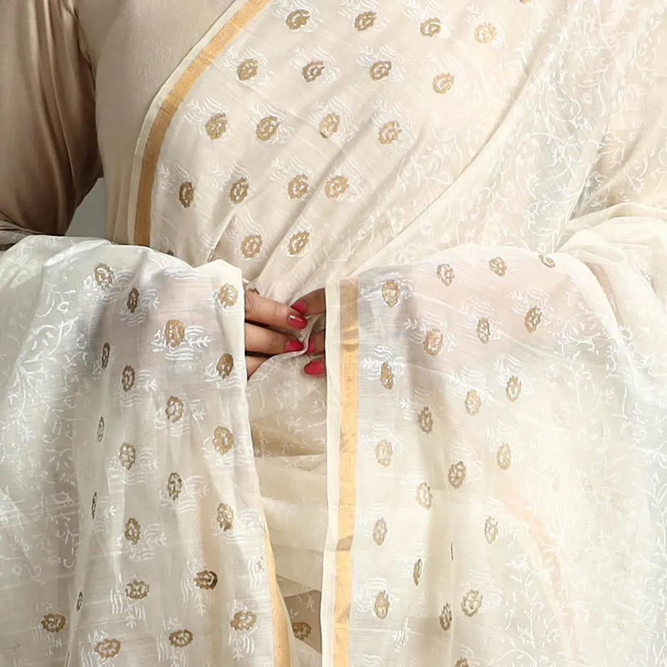 White - Traditional Chanderi Silk Handloom Multi Zari Buti Dupatta 66