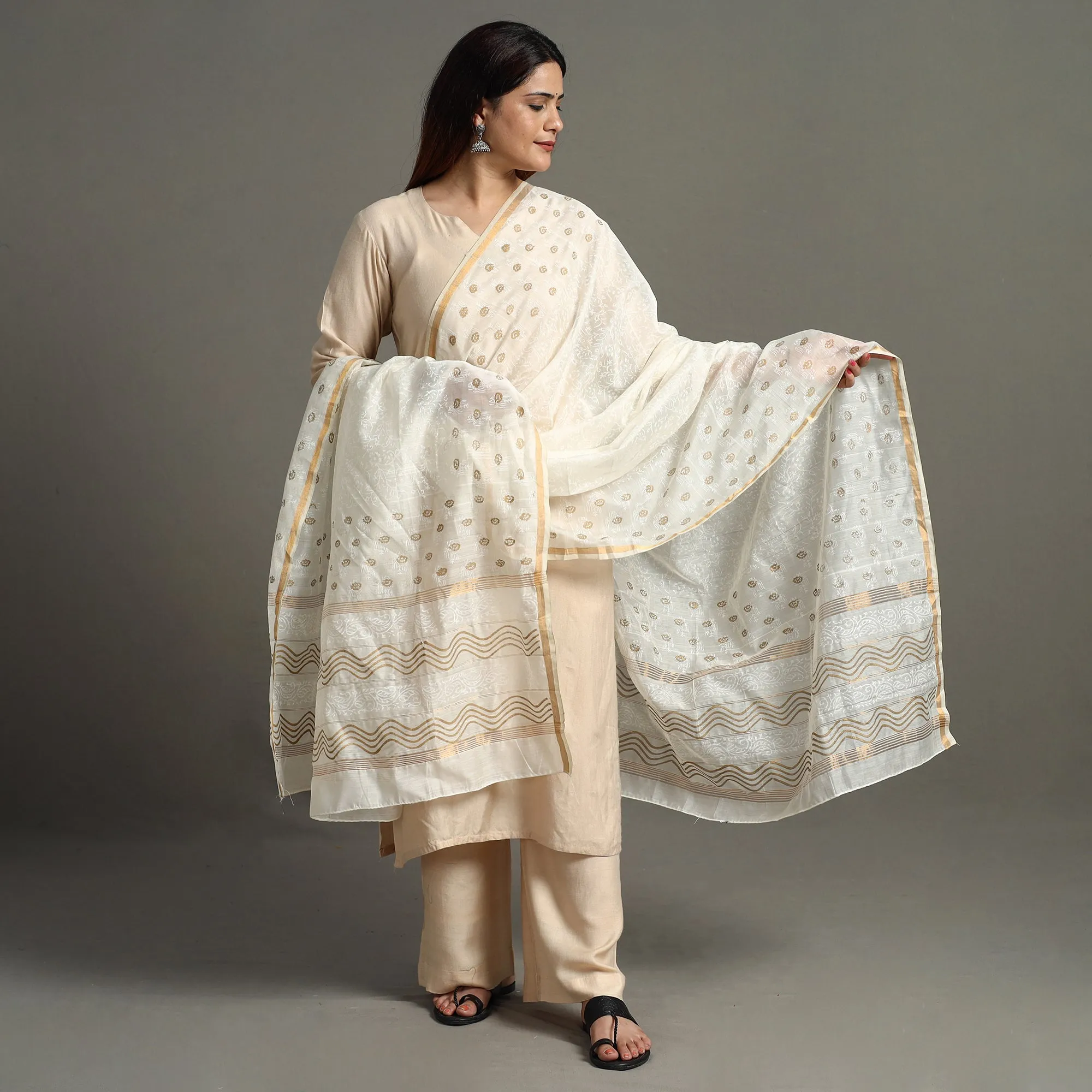 White - Traditional Chanderi Silk Handloom Multi Zari Buti Dupatta 66