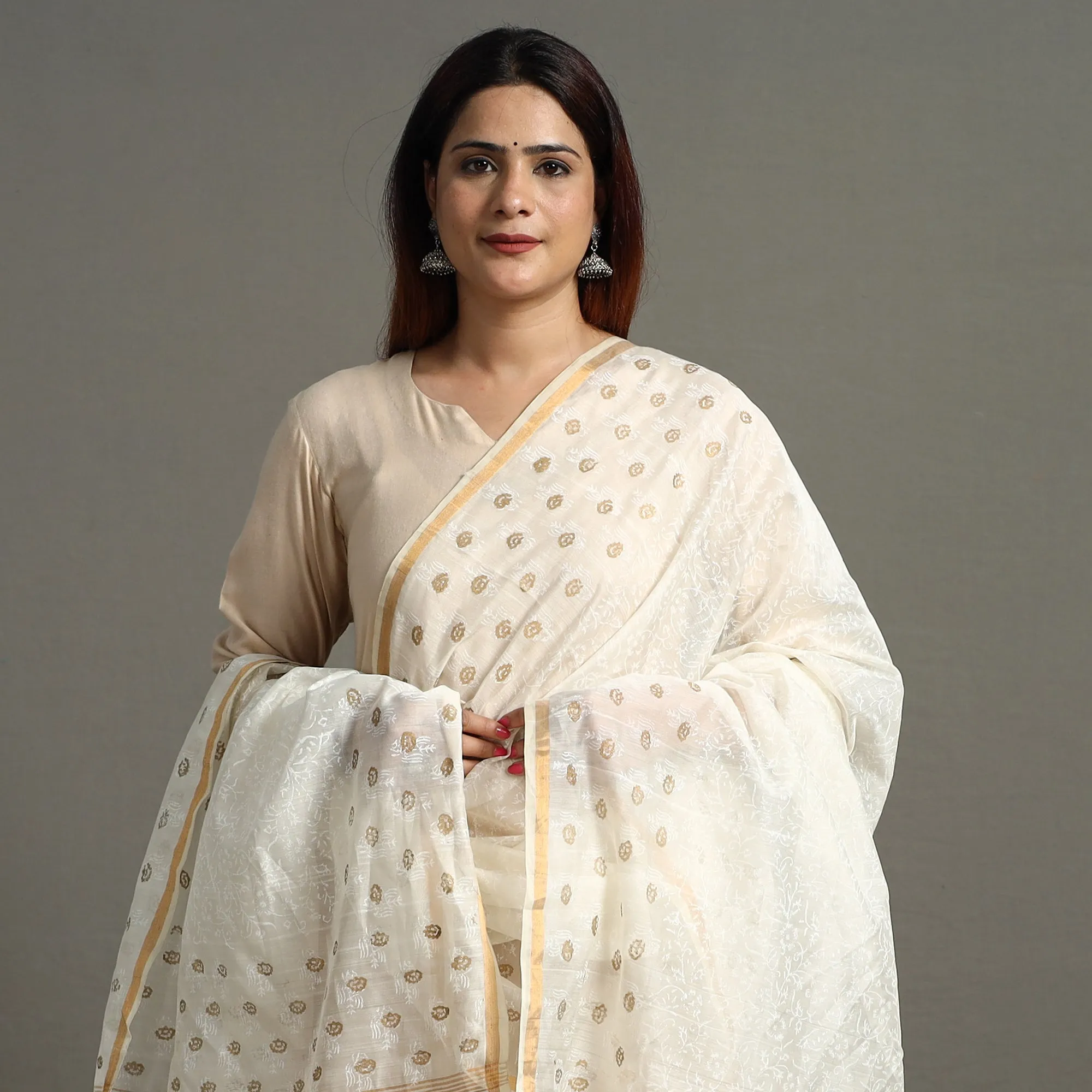 White - Traditional Chanderi Silk Handloom Multi Zari Buti Dupatta 66