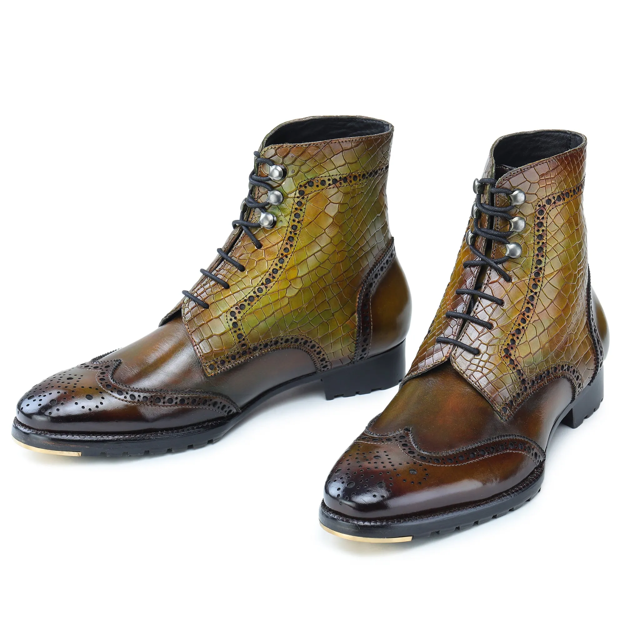 Wingtip Lace Up Boots- Croc Olive