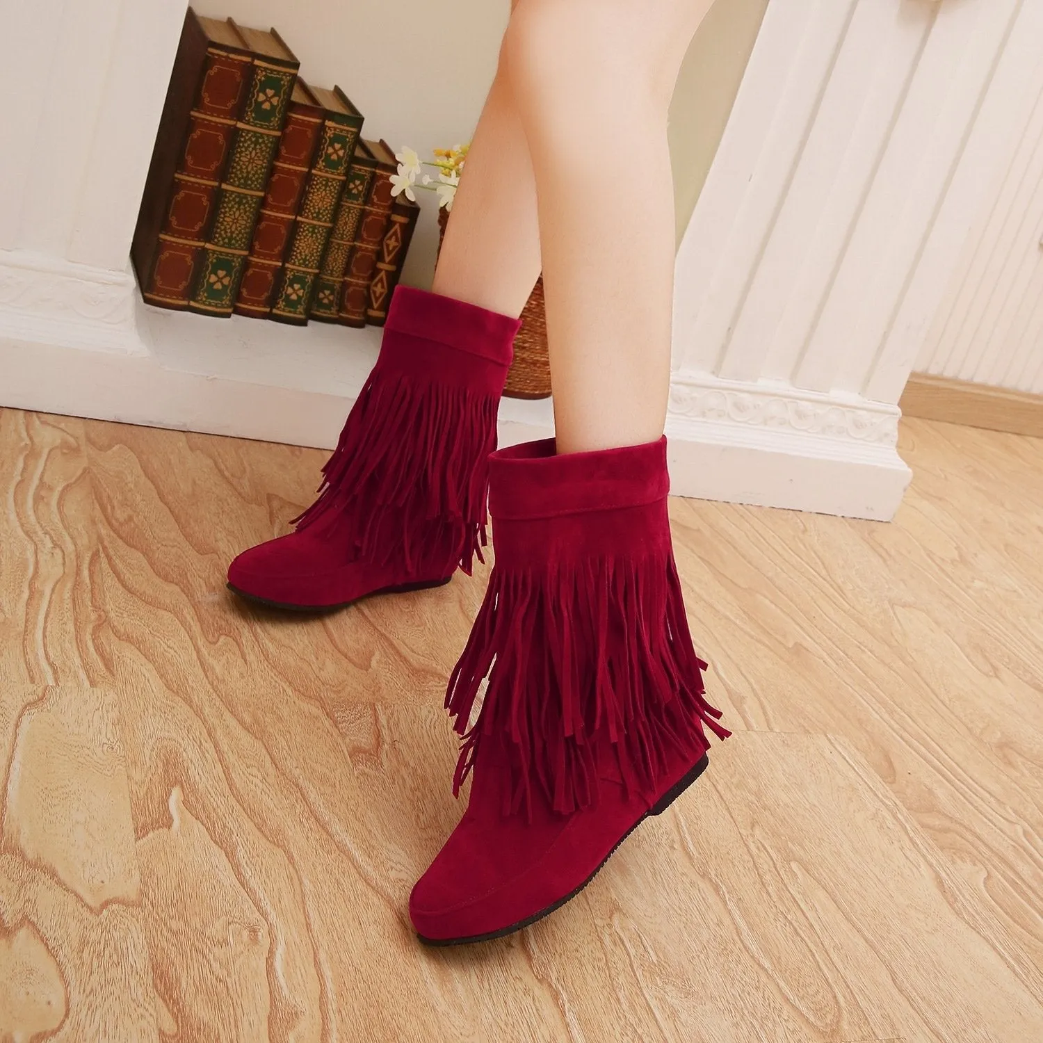 Women fringe solid color round toe short flat boots