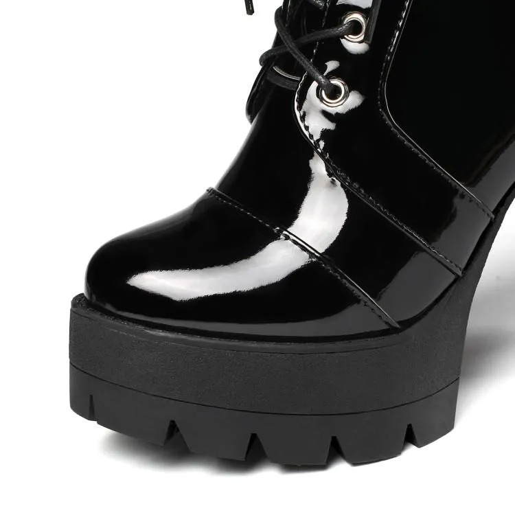 Women platform side zipper lace up chunky black heeled booties