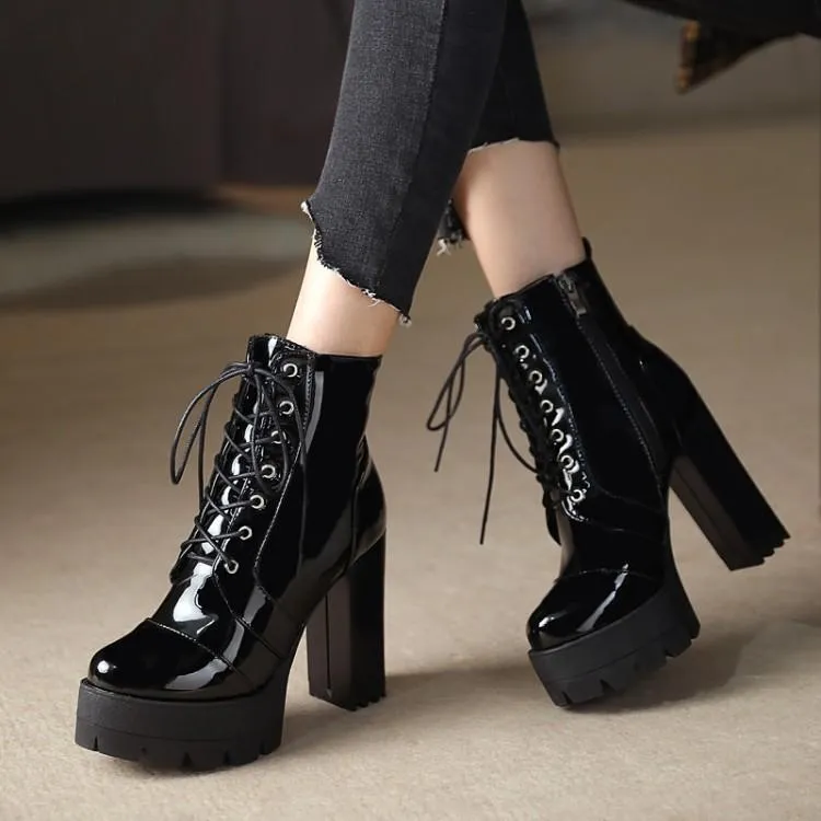 Women platform side zipper lace up chunky black heeled booties