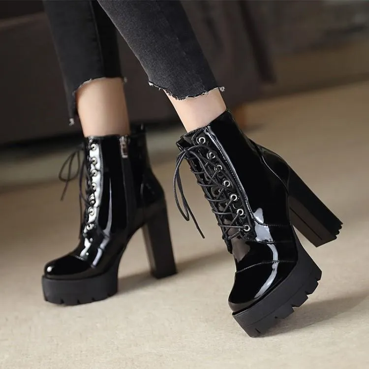 Women platform side zipper lace up chunky black heeled booties