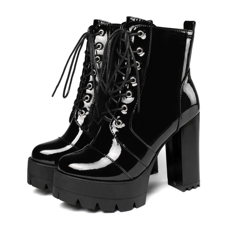 Women platform side zipper lace up chunky black heeled booties