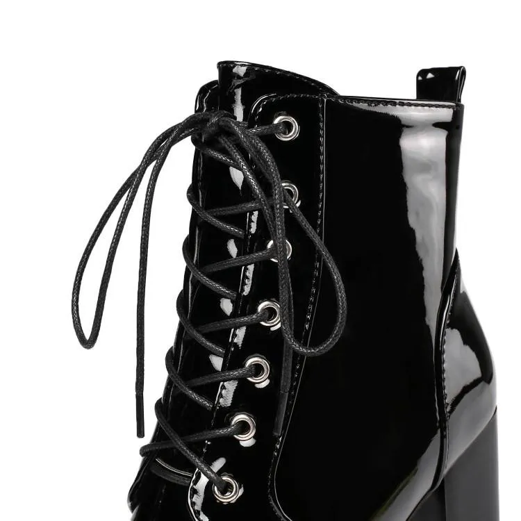 Women platform side zipper lace up chunky black heeled booties