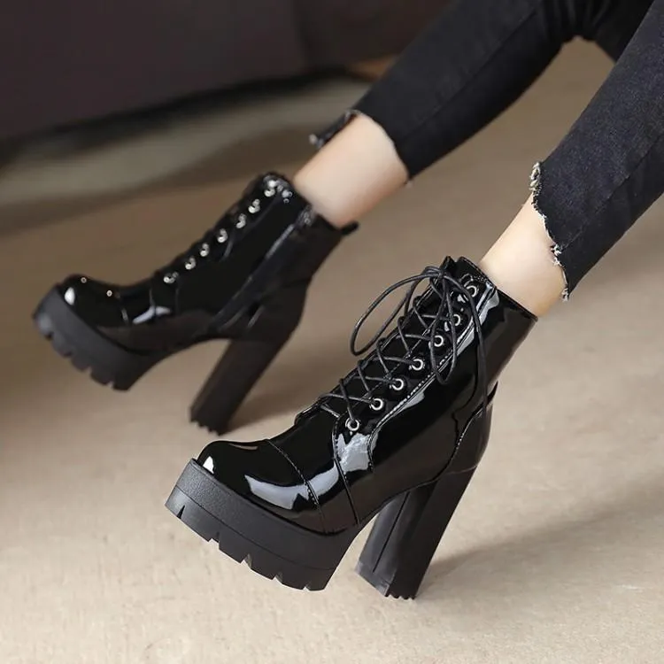 Women platform side zipper lace up chunky black heeled booties