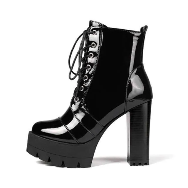 Women platform side zipper lace up chunky black heeled booties