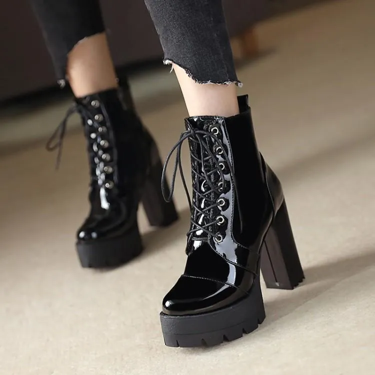 Women platform side zipper lace up chunky black heeled booties