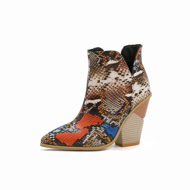 Women's Crocodile Pattern Pointed Toe Chunky Heel Short Boots