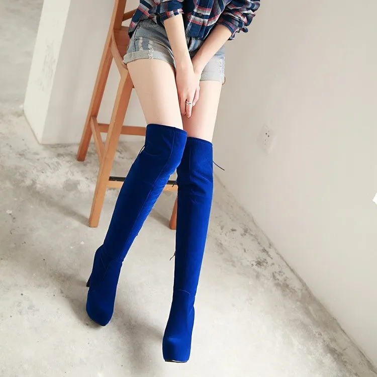 Women's Fold Suede Back Tied Platform Chunky Heel Over the Knee Boots