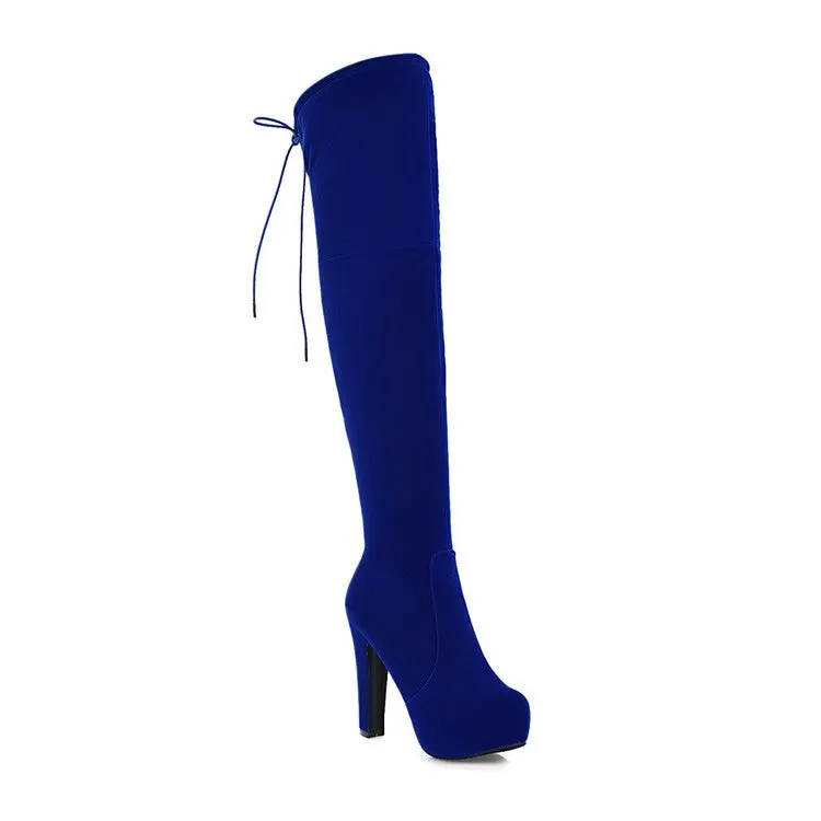 Women's Fold Suede Back Tied Platform Chunky Heel Over the Knee Boots